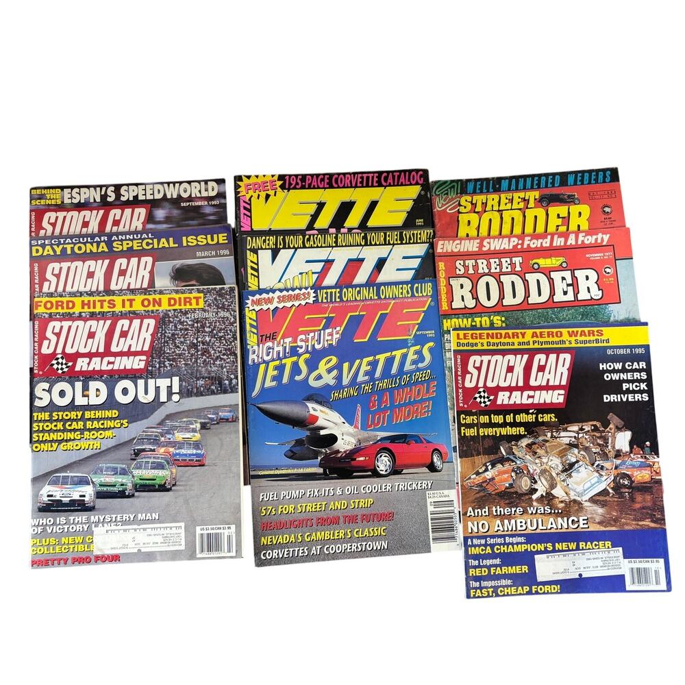 Car Magazine Mixed Lot of 9 Stock Car Racing + Vette + Street Rodder Vintage Ads